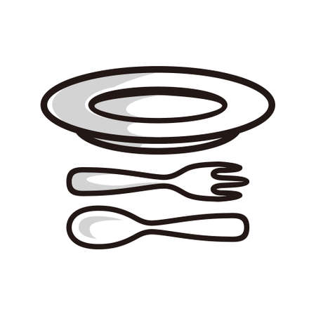 symbol of plate, spoon and fork, in black line art style and shadow detail.のイラスト素材
