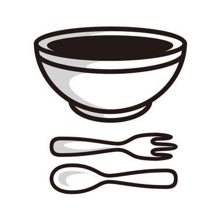 symbol of a bowl, spoon and fork, in black line art style and shadow details.のイラスト素材