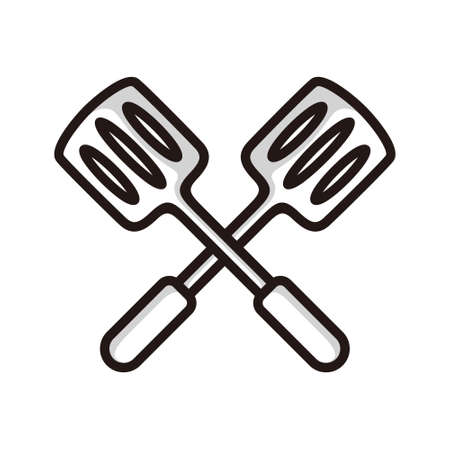 symbol of two crossed spatulas, in black line art style and shadow details.のイラスト素材