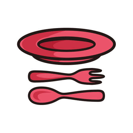 symbol of plate, spoon and fork, red colored in black line art style and shadow detail.のイラスト素材
