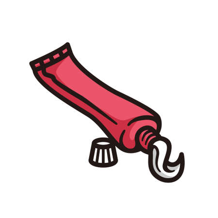 symbol of toothpaste dispensing its contents, in red colored black line art style and shadow details.のイラスト素材