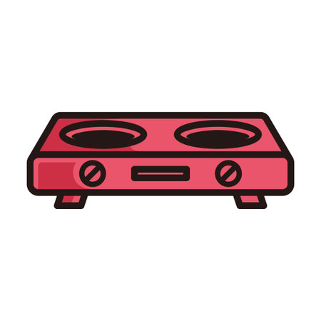 symbol of a modern gas stove, red colored in black line art style and shadow details.のイラスト素材