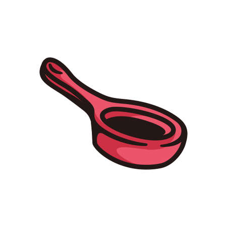 symbol of a small frying pan, red colored in black line art style and shadow details.のイラスト素材