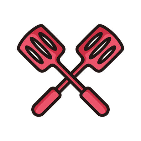 symbol of two crossed spatulas, red colored in black line art style and shadow details.のイラスト素材