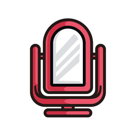 symbol of a modern standing mirror, in red colored black line art style and shadow details.のイラスト素材