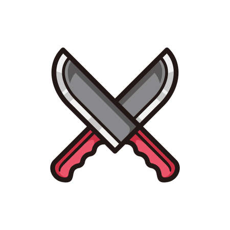 symbol of two crossed knifes, red colored in black line art style and shadow details.のイラスト素材