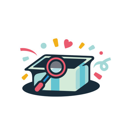 Graduation cap and magnifying glass icon in flat color style.のイラスト素材