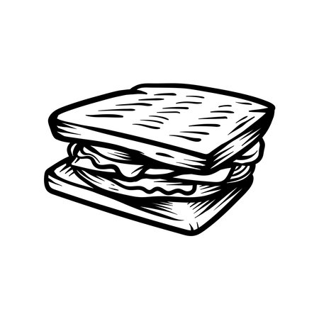 Sandwich icon. Vector illustration of a sandwich with cheese and bacon. Hand drawn sandwich icon.のイラスト素材