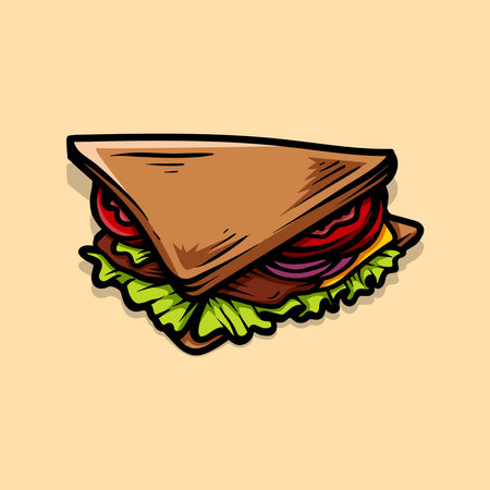 Vector illustration of sandwich with cheese, lettuce, tomato and ham.のイラスト素材