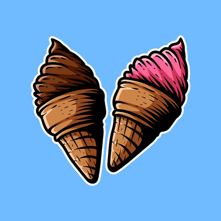 Ice cream vector illustration. Hand drawn ice cream cone isolated on blue background.のイラスト素材