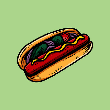 Hot dog. Vector illustration of fast food. Isolated on green background.のイラスト素材
