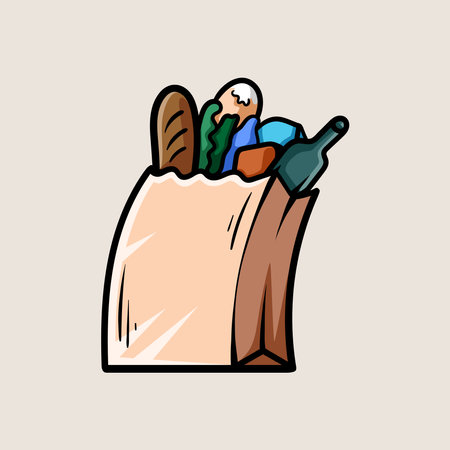 Vector illustration of a grocery bag of bread and wine.のイラスト素材