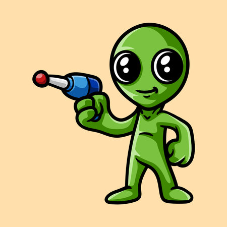 Green alien cartoon character holding a gun in his hand. Vector illustration.のイラスト素材
