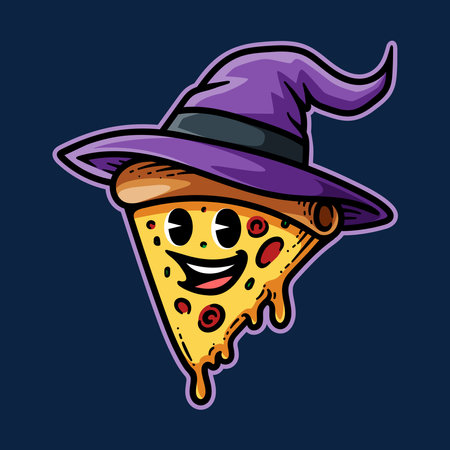 Cartoon vector illustration of a slice of pizza in a witch hatのイラスト素材