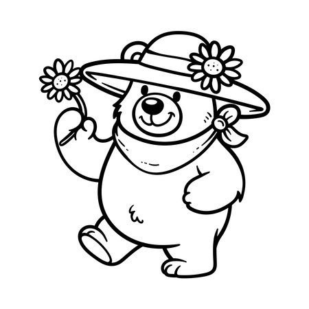 Black and White Cartoon Illustration of mother Bear Character with Flowers for Coloring Bookのイラスト素材