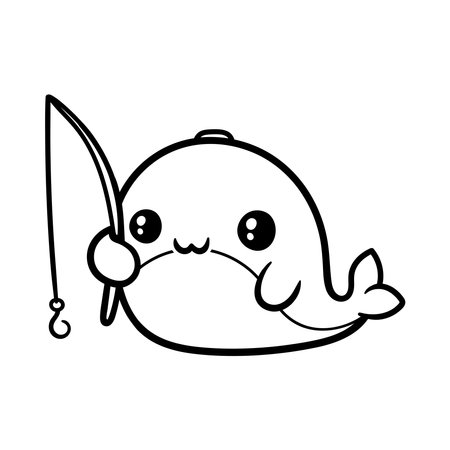 cute whale fish with fishing rod isolated icon design, vector illustration  graphicのイラスト素材