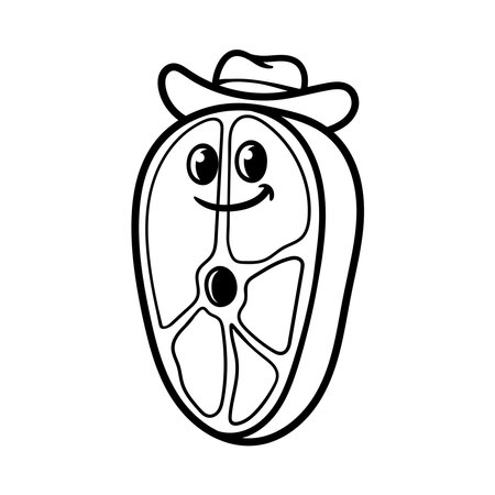 Black and white vector illustration of a cartoon meat beef in a hat.のイラスト素材