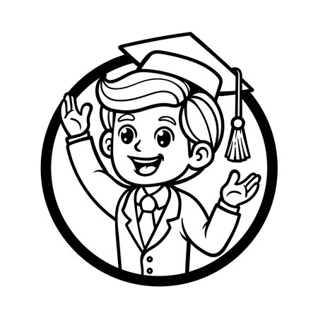 Black and White Cartoon Illustration of a Boy Student Wearing a Graduation Cap and Gown Gesturing Ok Signのイラスト素材