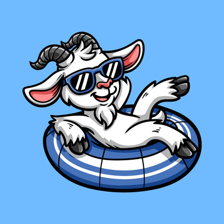 Vector illustration of a funny cartoon white goat swimming on an inflatable circle.のイラスト素材
