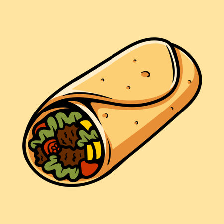 Vector illustration of a tortilla with meat, vegetables and cheese.のイラスト素材