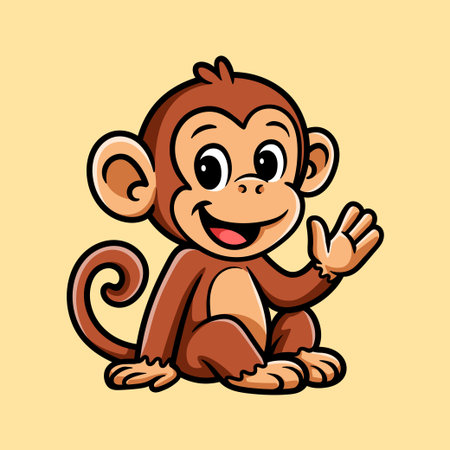 Monkey sitting and waving hand. Vector illustration isolated on white background.のイラスト素材