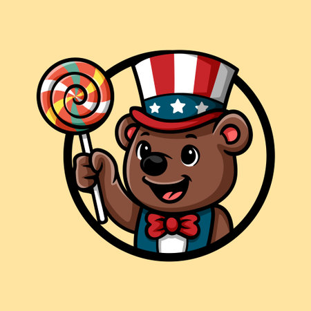 Cute cartoon bear with a lollipop in his hand. Vector illustration.のイラスト素材