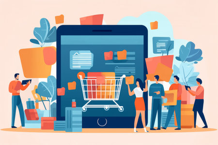 illustration of the concept of online shopping and marketing. idea of technology commerce and digital marketing on consumer behavior. Generative AI Technology.の素材