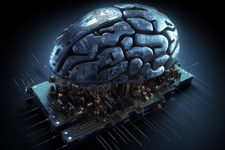 illustration of metallic brain on a microchip, representing the concept of artificial intelligence. idea of advanced technology and the future of making it ideal for science. Generative AI Technology.の素材