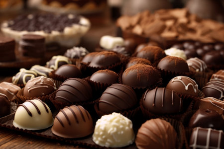 Chocolate candies, captured up-close to show off every selectable detail. From creamy truffles to rich caramels, this tantalizing image is sure to satisfy. Generative AI Technology.の素材