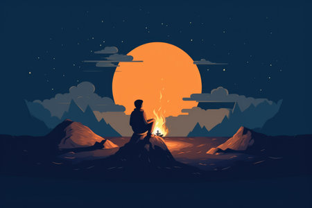 A solo traveler sitting by a bonfire and watching the breathtaking sunset. The concept embodies solitude, adventure, contemplation, and anticipation of new horizons. Generative AI Technology.の素材