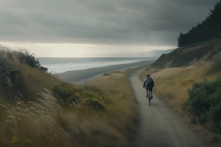 yclist riding along a scenic road with the vast blue ocean in the background. Whether you're promoting outdoor activities, vacation destinations, or healthy lifestyle options. Generative AI Technologyの素材