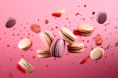 delicious cookies with a creamy filling and crunchy crumbs are captured in mid-air against a vibrant pink background. Generative AI Technology.の素材