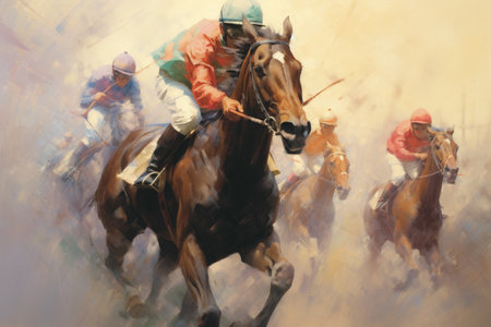 horse rider (jockey) and his steed, leading the pack in a thrilling horse race competition. The drawing captures the excitement of the moment. Generative AI Technology.の素材