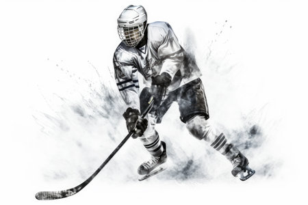 hand-drawn illustration that depicts a skillful ice hockey athlete in action. The sharp lines and monochromatic scheme bring out the energy and intensity of the moment. Generative AI Technology.の素材