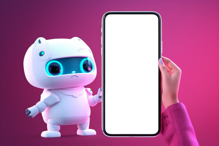 Cute robot helper holds up a blank screen smartphone mock-up for human convenience. Generative AI Technology.の素材
