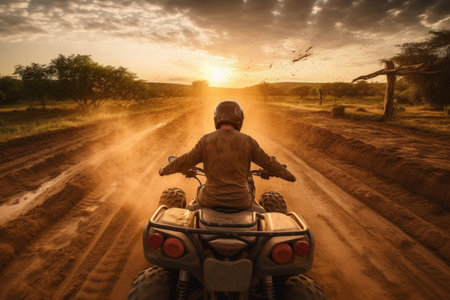 A thrilling shot of a quad bike rider speeding down a dirt road. Generative AI Technology.の素材