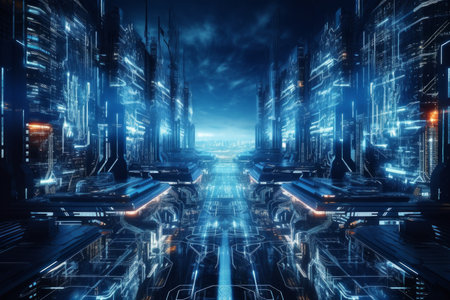 futuristic background that represents a city in cyberspace. has a multi-layered, dark color scheme with bright and colorful flashy lights. Generative AI Technology.の素材