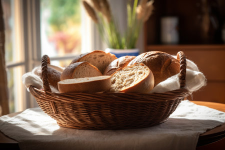 several slices of freshly baked white bread arranged in a rustic basket, evoking the warm and comforting feelings of home and simple pleasures. Generative AI Technology.の素材