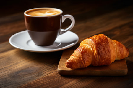 cup of rich, aromatic coffee stands beside a freshly baked croissant, both presented on a rustic wooden table. The tantalizing image evokes a sense of comfort and relaxation. Generative AI Technology.の素材