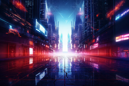 futuristic background that represents a city in cyberspace. has a multi-layered, dark color scheme with bright and colorful flashy lights. Generative AI Technology.の素材