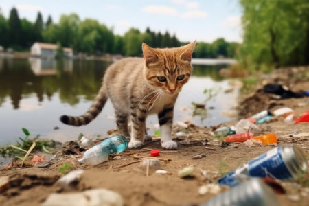 cat walking on plastic waste dumped on a riverbank, raising awareness about the pervasive problem of pollution and highlighting the need for more ecological practices. Generative AI Technology.の素材
