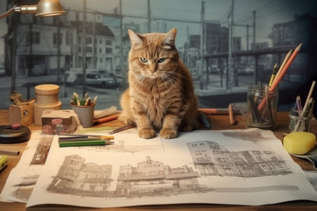 cat sketching a blueprint for house construction, conveying the idea of creativity, design and problem-solving. Generative AI Technology.の素材