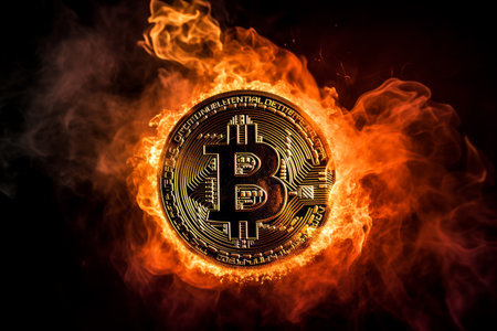 Bitcoin coin engulfed in flames, representing volatility and risk of investment in the cryptocurrency market. Generative AI Technology.の素材