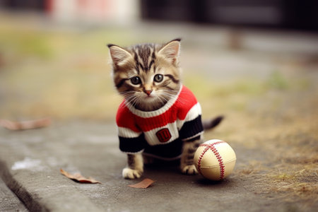 kitten dressed in football gear and holding a rugby ball, adding a touch of humor and cuteness to the sports concept. Generative AI Technology.の素材