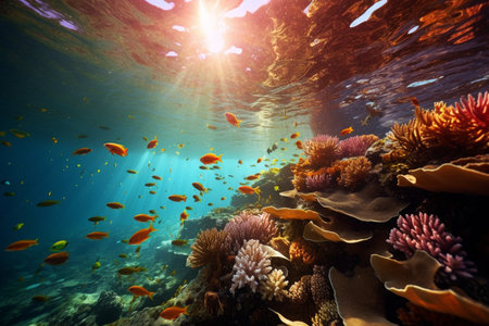 Vibrant underwater world teaming with colorful coral and fish. Generative AI Technology.の素材