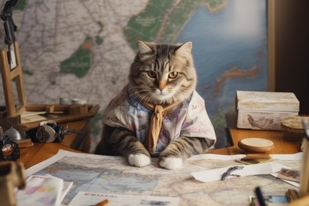 cat dressed in casual clothes, poring over a map and dreaming about an upcoming holiday, adding a touch of leisure and adventure to daily life. Generative AI Technology.の素材
