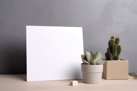 blank white paper sheet on a wooden table next to a wall decorated with cacti, representing creativity, minimalism, and natural inspiration. Generative AI Technology.の素材