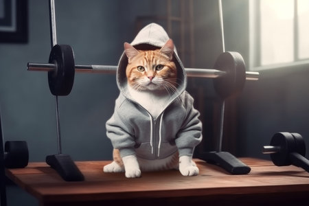 athletic cat wearing a hoodie, sitting next to a barbell in a gym. The image captures the concept of strength, determination and focus. Generative AI Technology.の素材