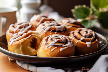 Freshly baked cinnamon rolls lathered in creamy frosting, seducing your taste buds with its tantalizing aroma and delicate sweetness, sprawled invitingly on a white plate. Generative AI Technology.の素材