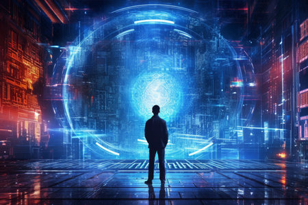 person standing against a futuristic city background in cyberspace. has a multi-layered dark color scheme with bright, making it look like a technologically advanced place. Generative AI Technology.の素材